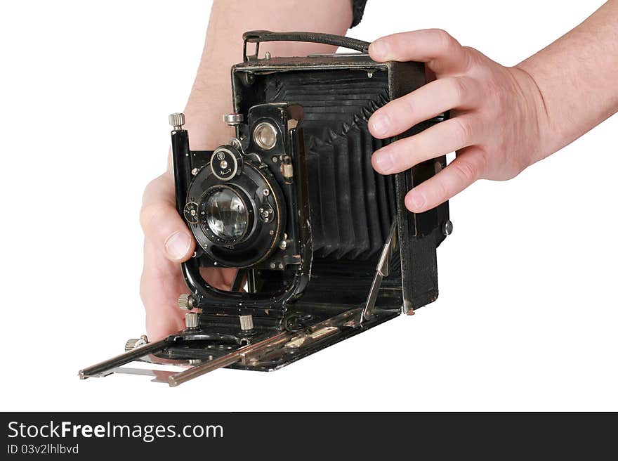 Old vintage photo camera isolated on white. Old vintage photo camera isolated on white