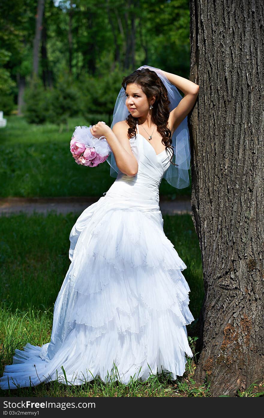 Elegant bride standing about tree in park