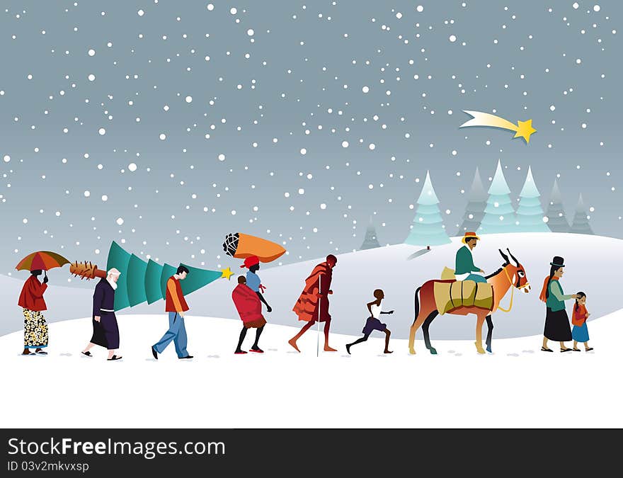 Caravan of people of different races across the snowy mountains carrying a Christmas tree. Caravan of people of different races across the snowy mountains carrying a Christmas tree.