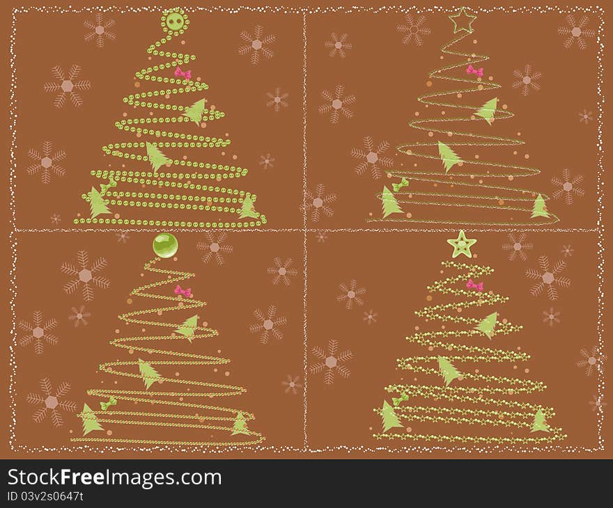 Illustrated card with four stylized christmas trees: a button tree, a pearl tree, a scribbled in chalk tree and a star tree. Illustrated card with four stylized christmas trees: a button tree, a pearl tree, a scribbled in chalk tree and a star tree.