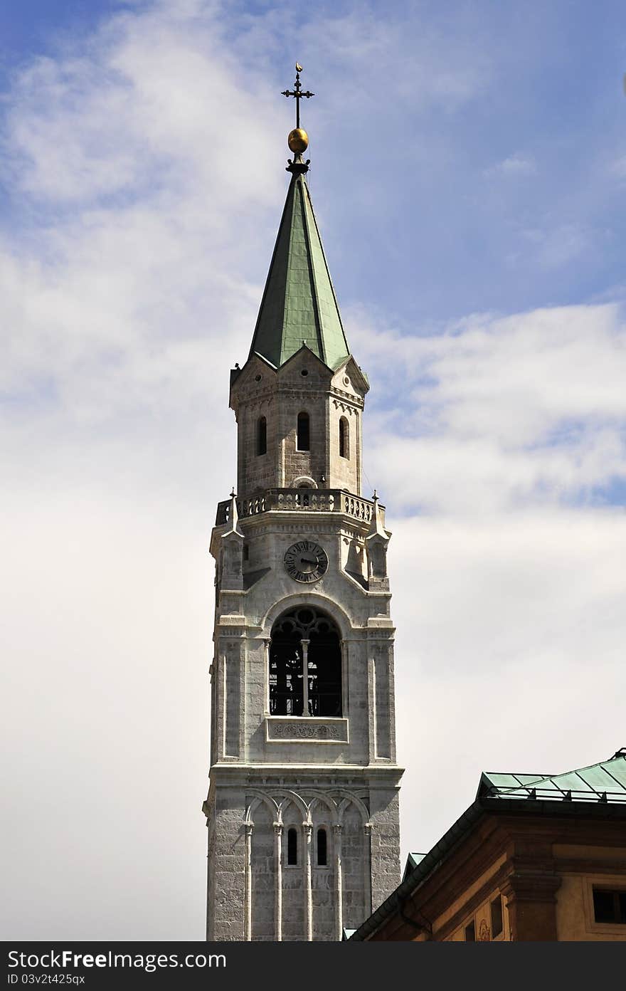 Steeple of Cathedral in Cortina d'Ampezzo, Italy. Steeple of Cathedral in Cortina d'Ampezzo, Italy.