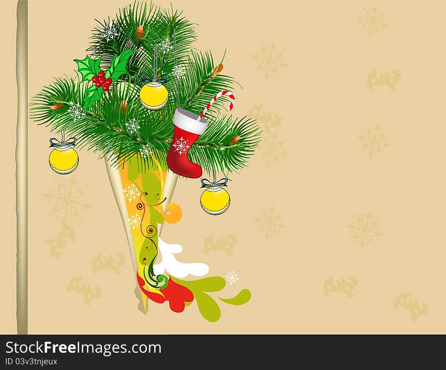 Christmas background with green branches of a Christmas tree and balls. Christmas background with green branches of a Christmas tree and balls