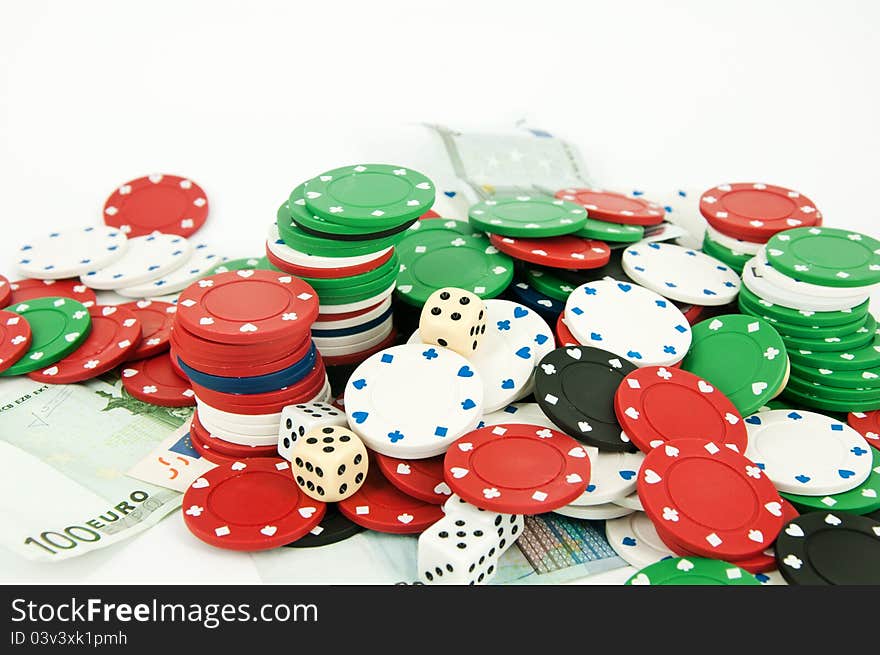 Many piles of different pokerchips. Many piles of different pokerchips