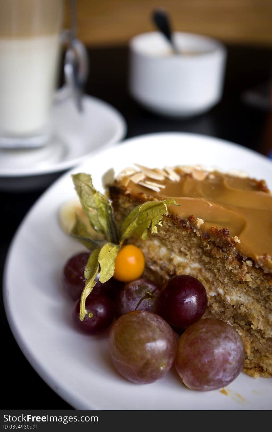 Banana cake with grapes