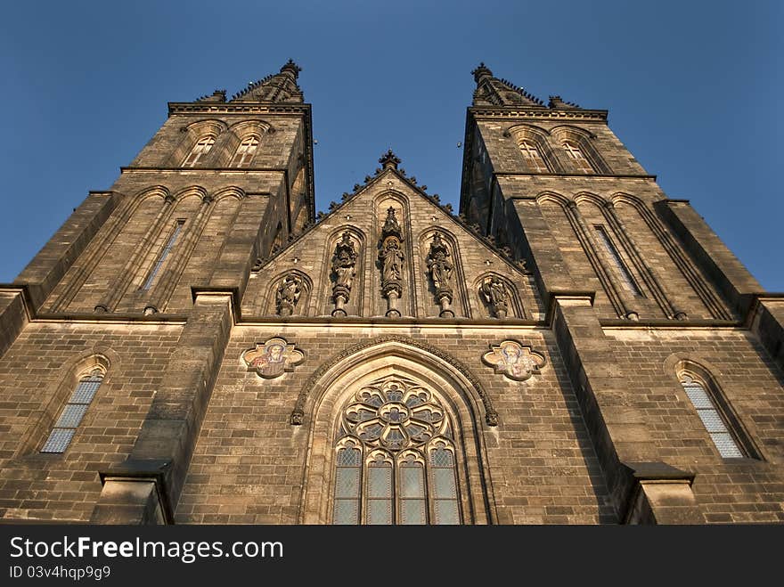 This architecture picture shows the beatuful cathedral in Vysehrad on the little hill in the city center of Prague (Praha)