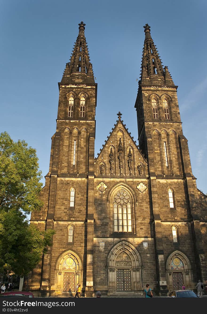 This architecture picture shows the beatuful cathedral in Vysehrad on the little hill in the city center of Prague (Praha)