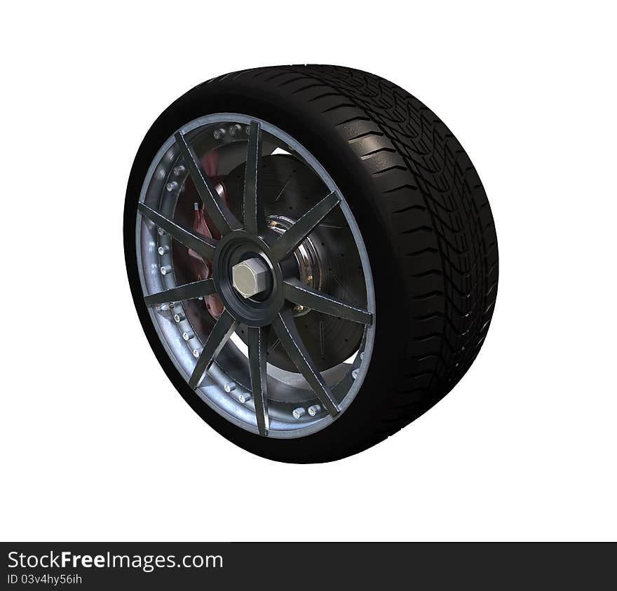 Car wheel whith rims on white background