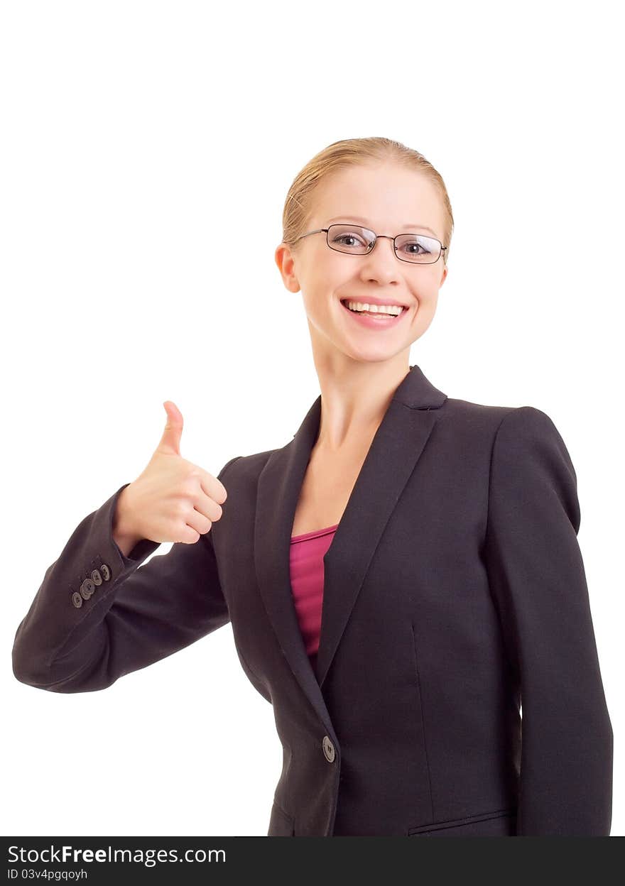 Young business woman With Thumb Up on  a white background