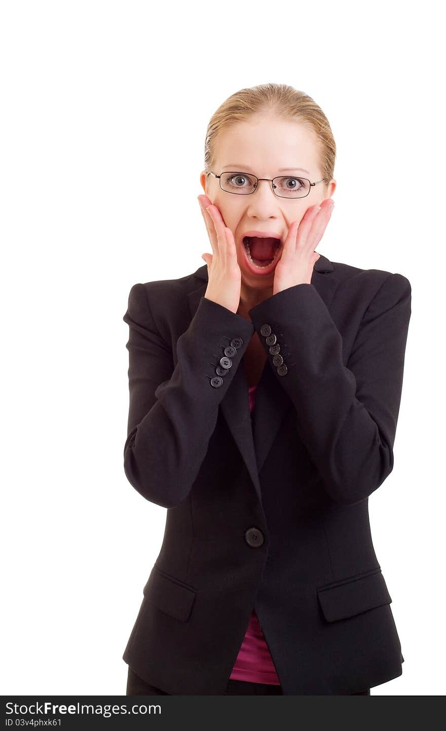 Portrait of beautiful young business woman with surprised expression on white background. Portrait of beautiful young business woman with surprised expression on white background