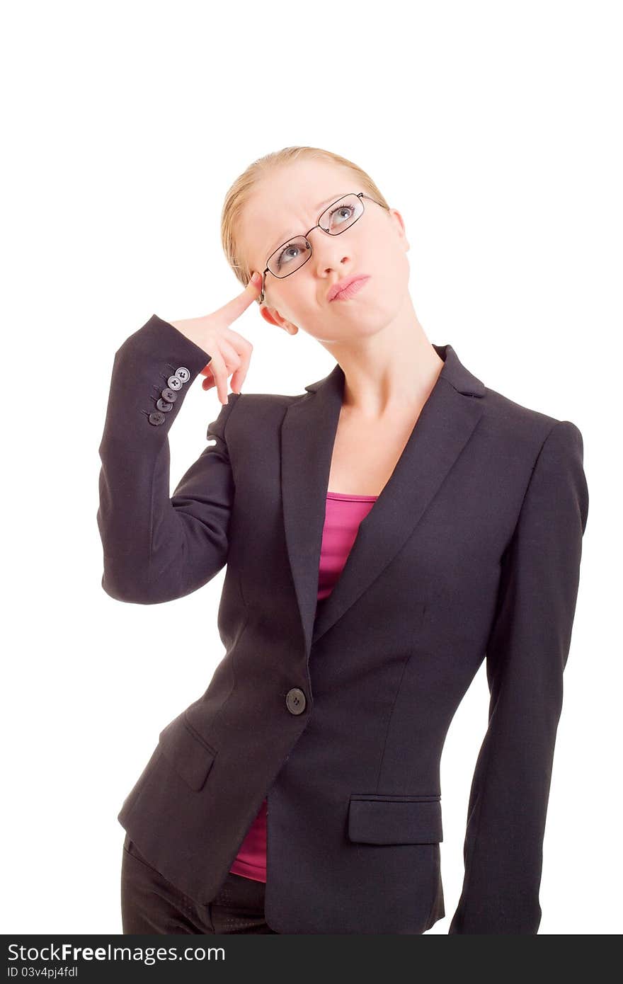 Attractive young business woman reflects on a white background