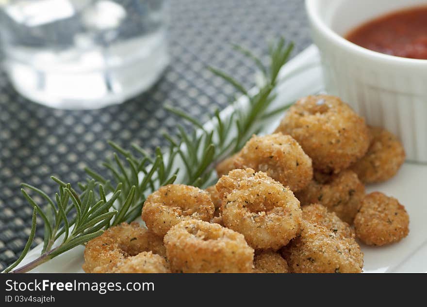 Breaded and deep fried calamari rings with marinara sauce. Breaded and deep fried calamari rings with marinara sauce