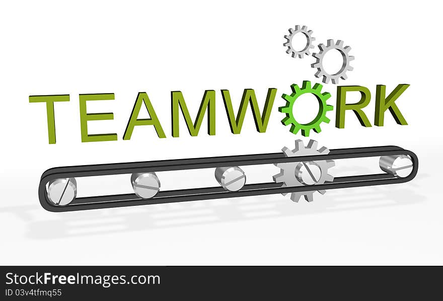 Teamwork word on a mechanical belt and with the letter o replaced by a gear. Teamwork word on a mechanical belt and with the letter o replaced by a gear