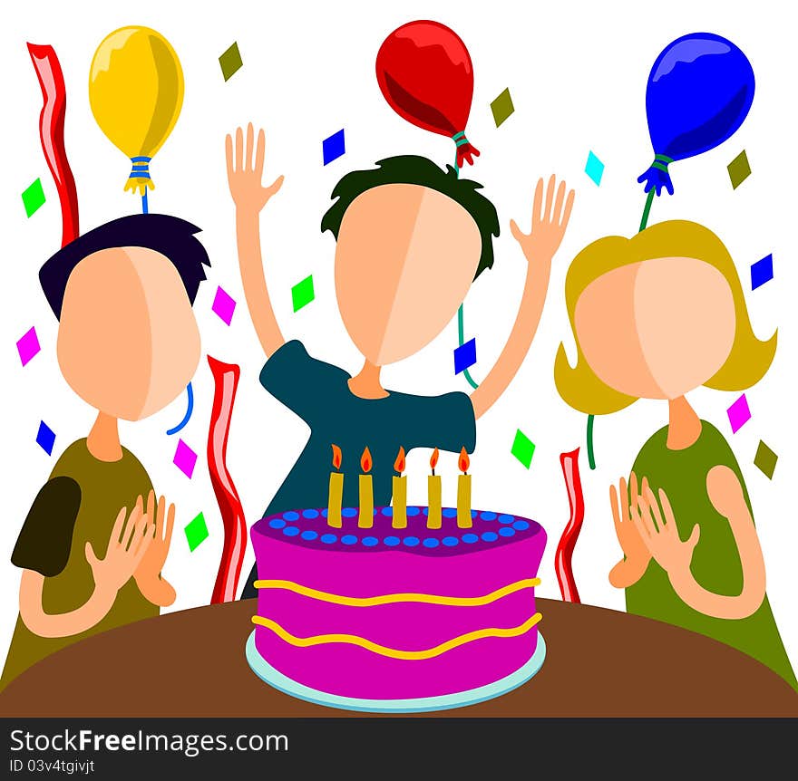 Group of abstract characters with a birthday cake celebrating. Group of abstract characters with a birthday cake celebrating