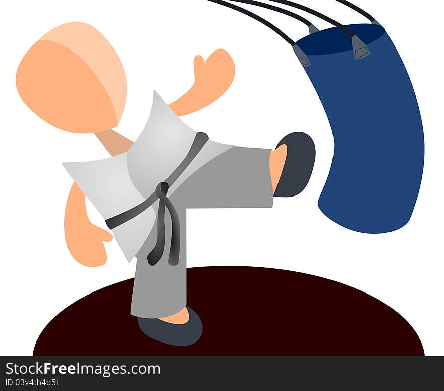 An abstract character in karate uniform and kicking a punching bag