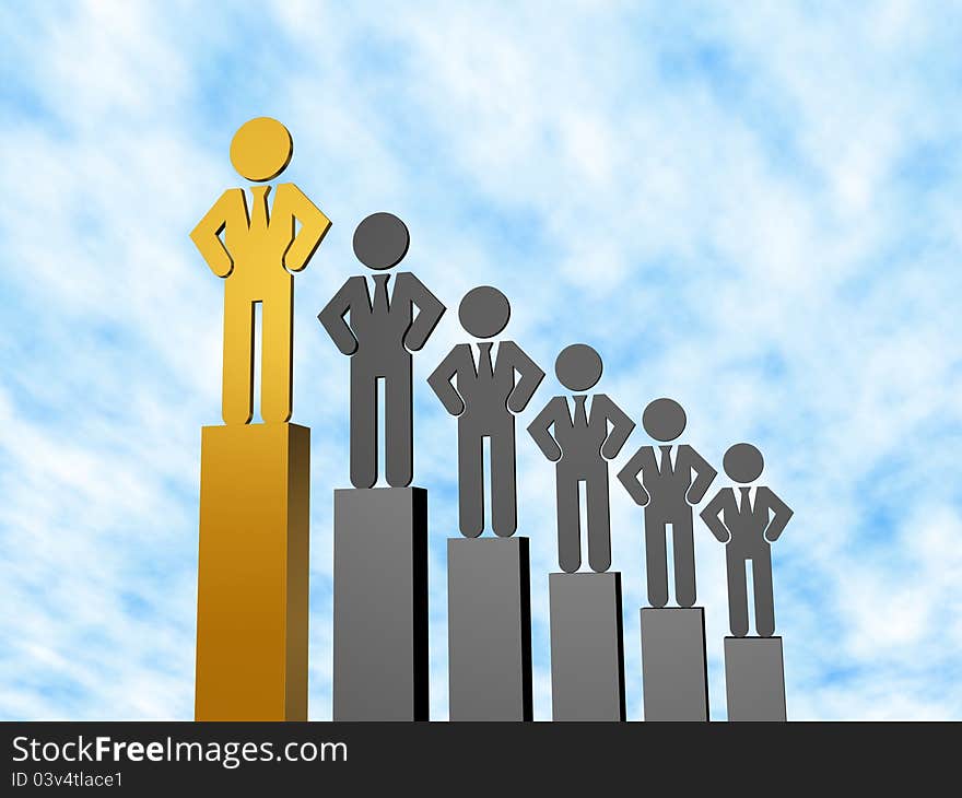 Group of man icons each one is standing on a business bar graph, a gold man icon standing on the highest bar. Group of man icons each one is standing on a business bar graph, a gold man icon standing on the highest bar