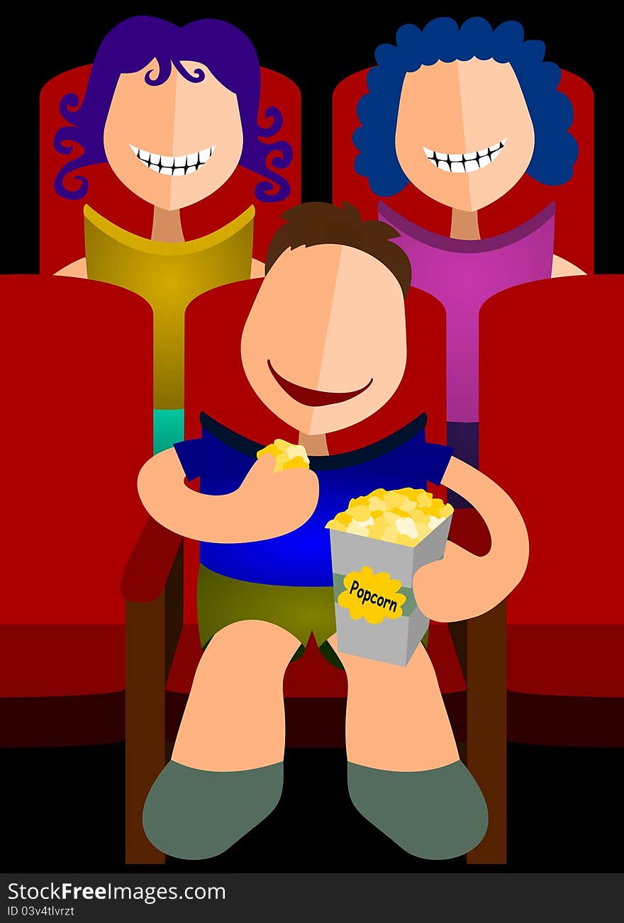 An abstract cartoon character eating popcorn inside a cinema. An abstract cartoon character eating popcorn inside a cinema