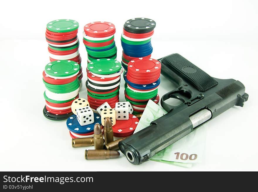 Gun Chips and money isolated on white background. Gun Chips and money isolated on white background