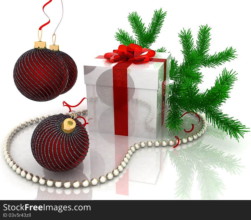 Christmas gift with branch fir-tree  on white background