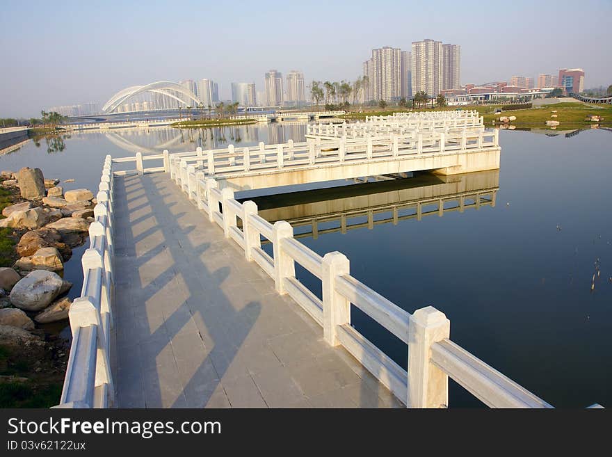 The walking bridge across the river