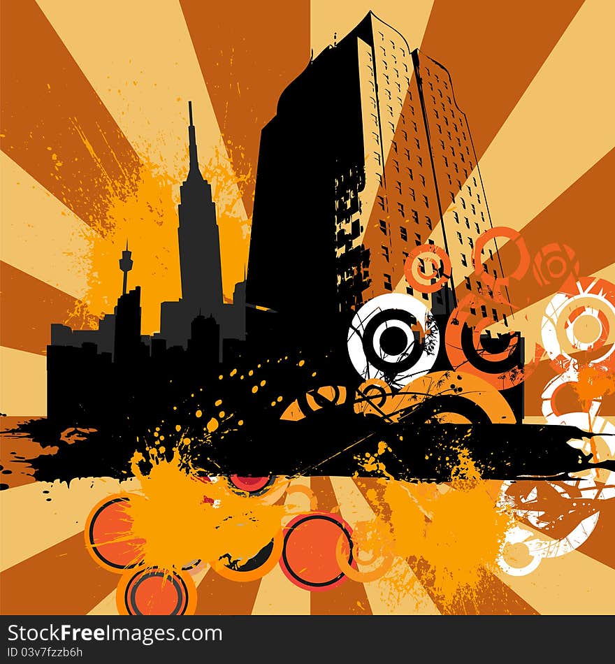 Urban grungy background with sunburst and splashes