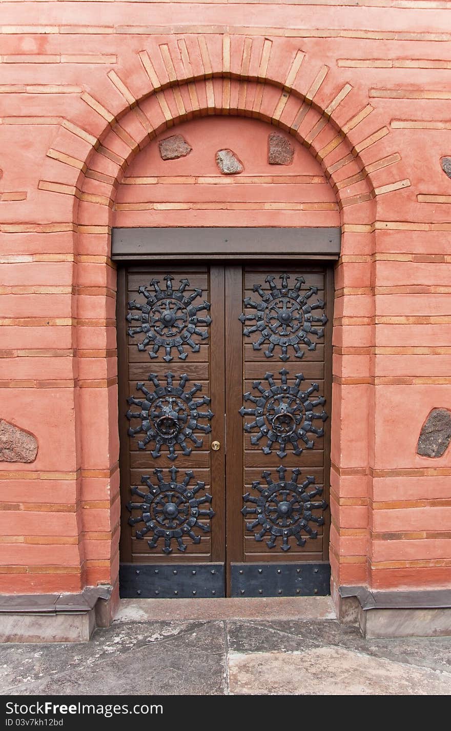Ornamented wood ancient door. Old decoration of metal of the door of Gold Gate monument in Kyiv. Ukrainian landmark.