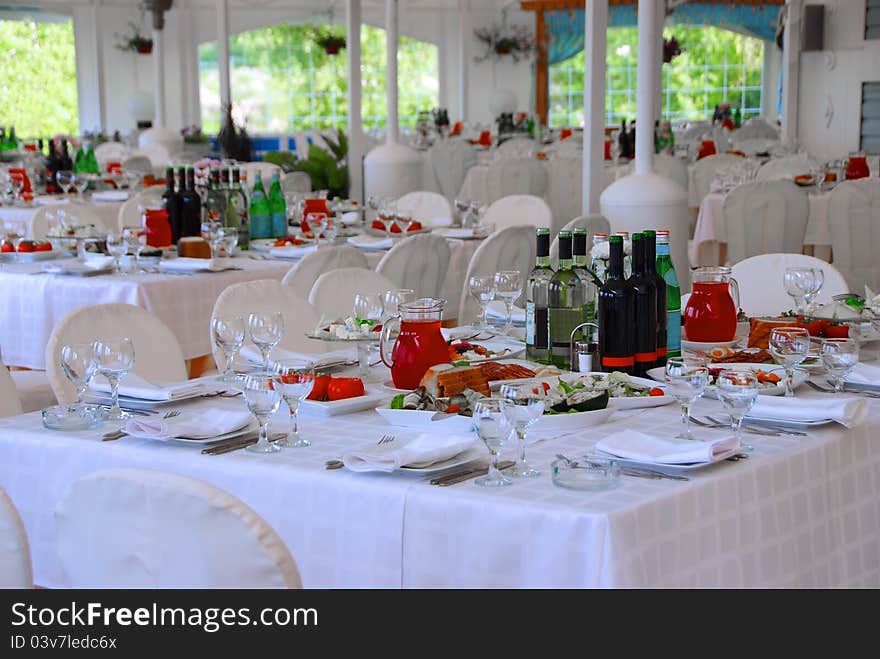 Tables At Restaurant Served For A Banquet