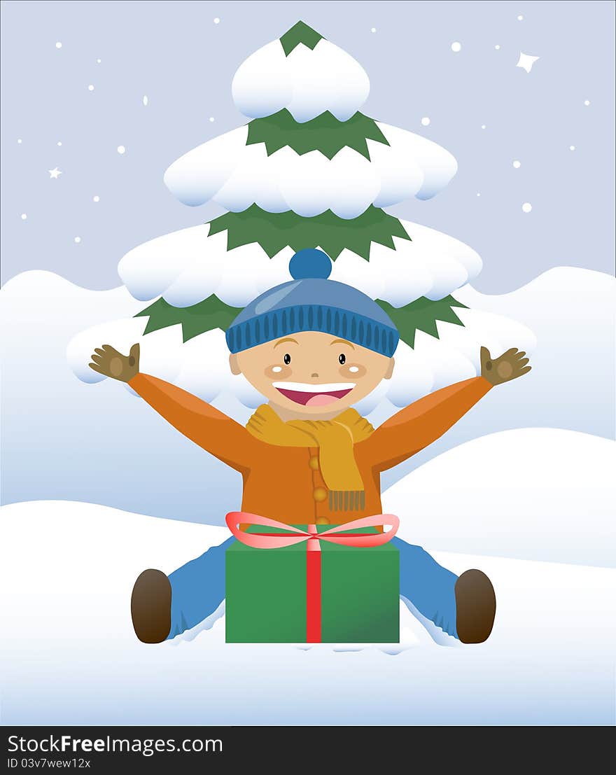 Vector illustration of little boy sitting at the snow with a christmas gift on the background of tree. Vector illustration of little boy sitting at the snow with a christmas gift on the background of tree