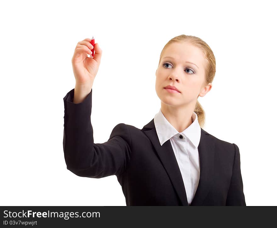 Young business woman draw with marker isolated