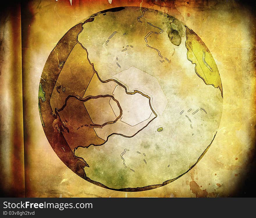 Grunge globe on old paper texture, background. Grunge globe on old paper texture, background