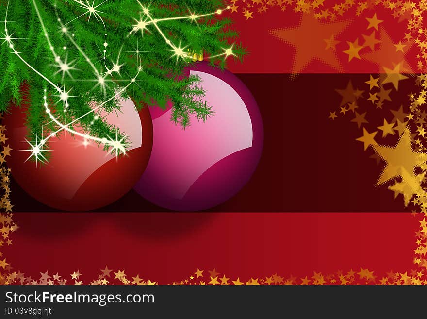 Two Christmas balls with decoration and branch. Two Christmas balls with decoration and branch