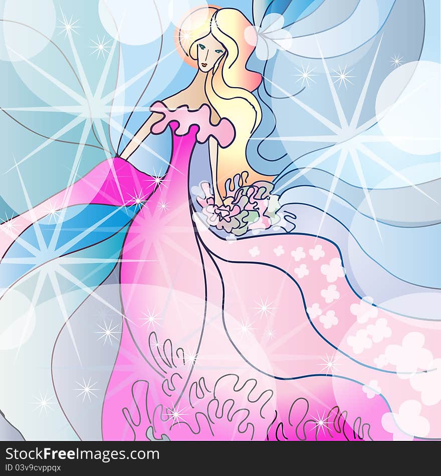 Illustration of beautiful woman in fantasy pink wedding dress with starry background. Illustration of beautiful woman in fantasy pink wedding dress with starry background