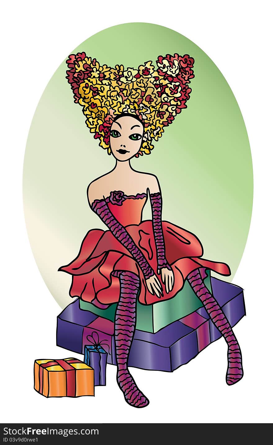 Illustration of beautiful girl sitting on the boxes of gifts in fashion dress with fantasy hair style in the shape of heart. Illustration of beautiful girl sitting on the boxes of gifts in fashion dress with fantasy hair style in the shape of heart