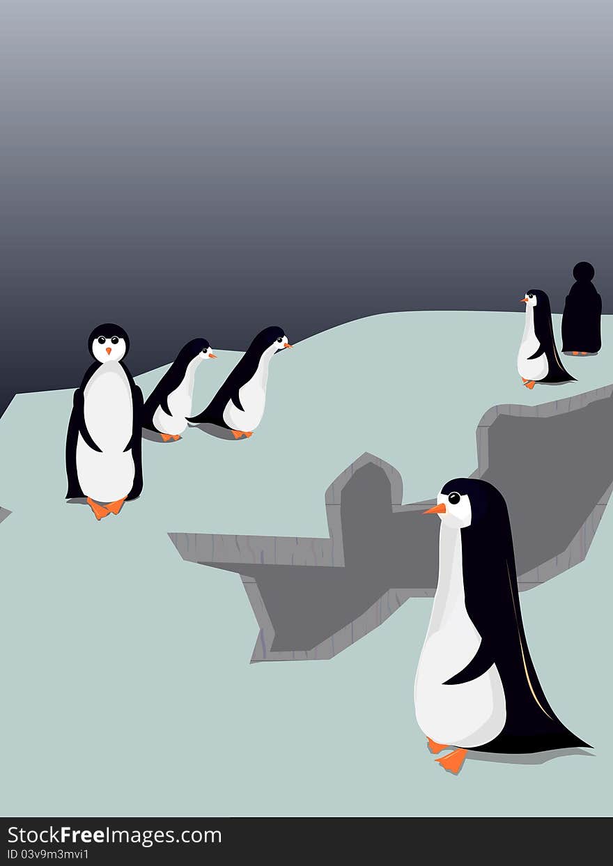 North Pole. little penguins on the ice at night