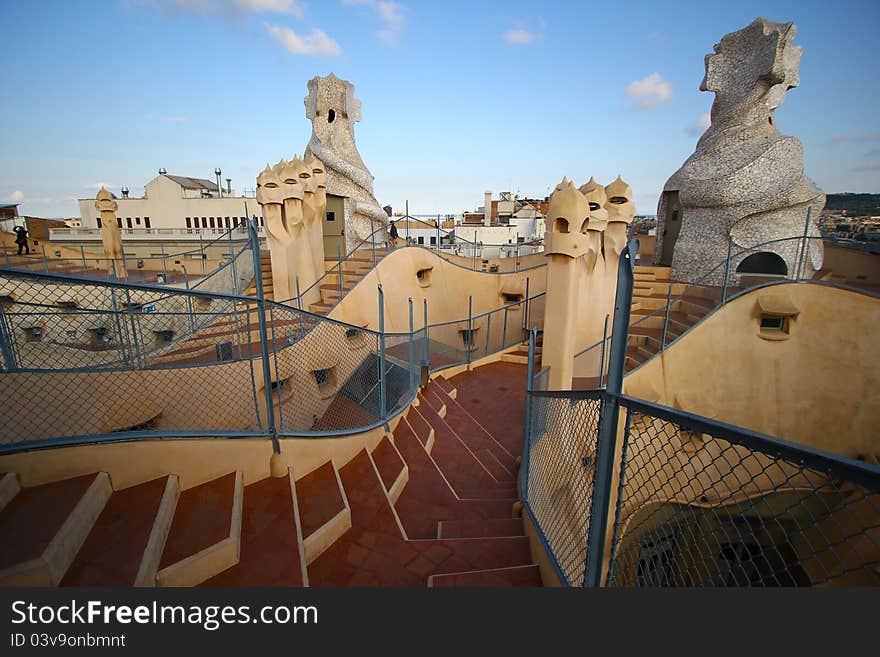 Terrace of Pedrera House (Casa Milla) designed by Gaudi, in Barcelona. Terrace of Pedrera House (Casa Milla) designed by Gaudi, in Barcelona.