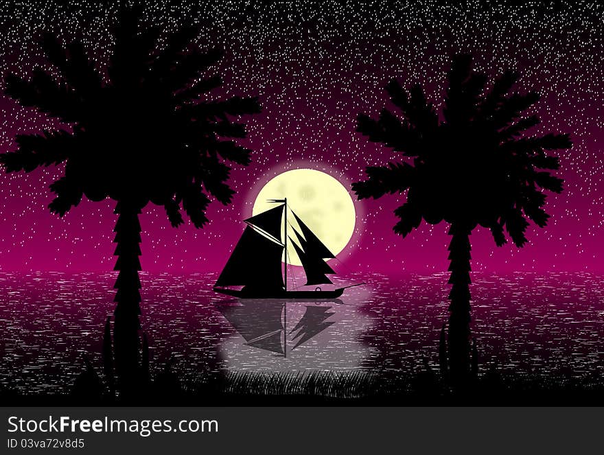 Illustration of tropical beach night. Illustration of tropical beach night