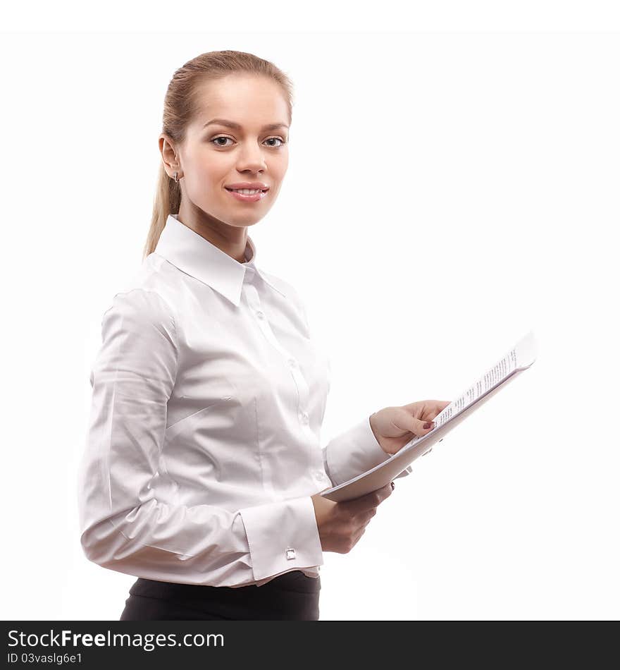 Happy successful business woman. Isolated over white background