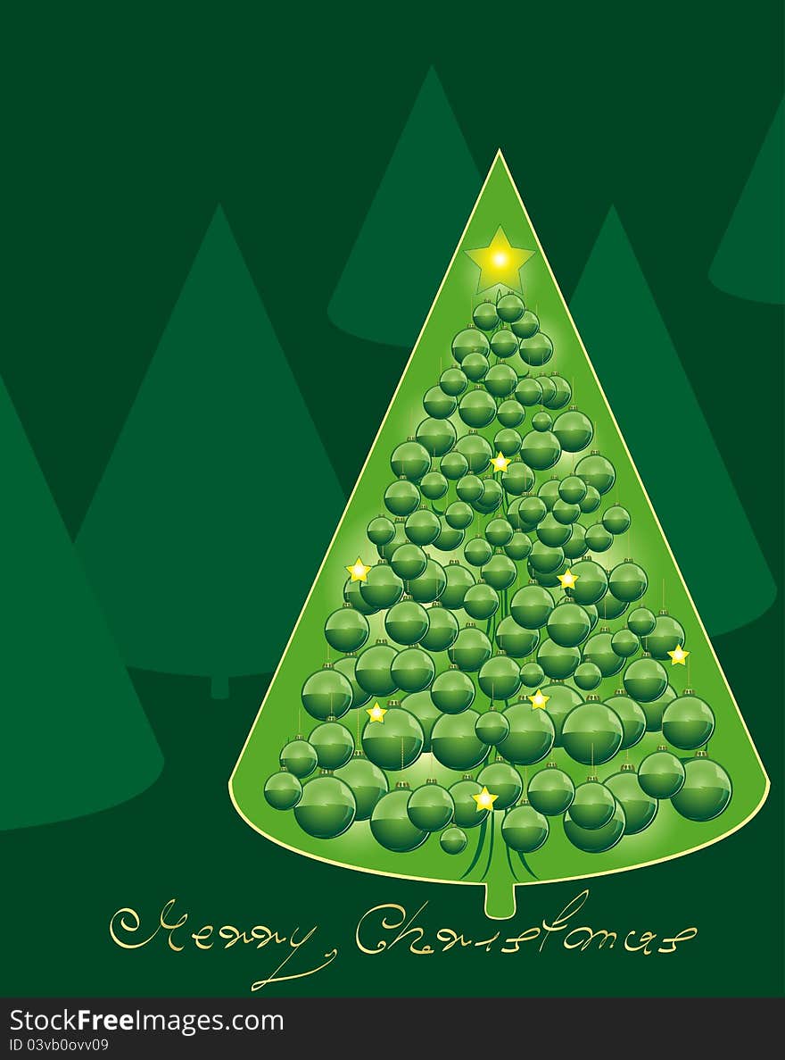 Christmas tree with balls and stars. Vector illustration.