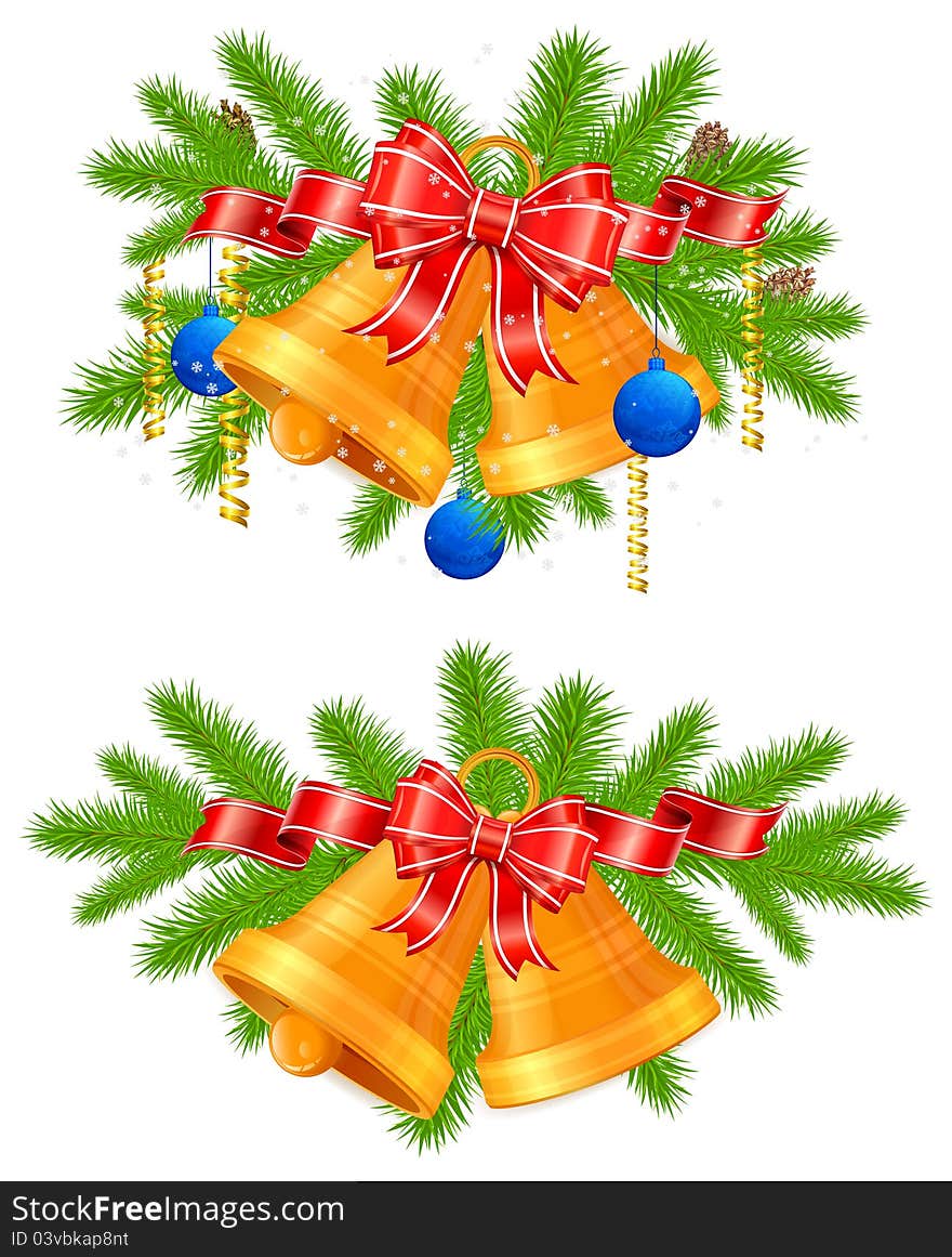 Set of festive decorations with bells, bows, ribbons and fir tree branches, vector illustration. Set of festive decorations with bells, bows, ribbons and fir tree branches, vector illustration