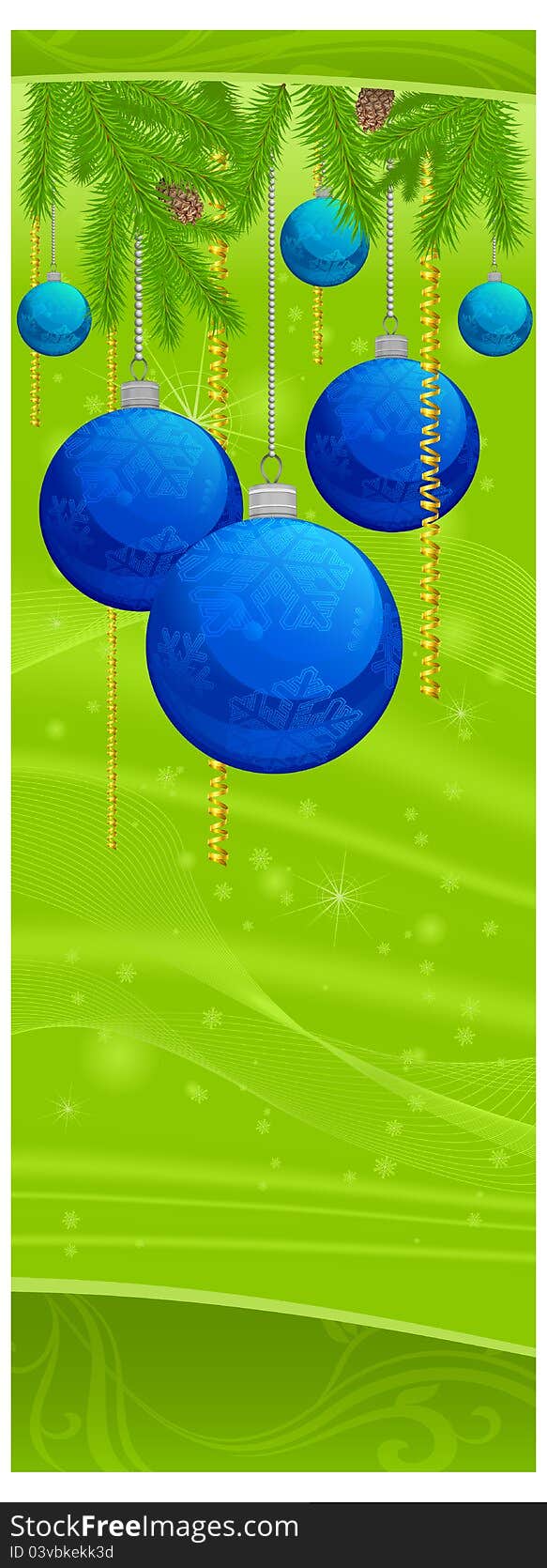 Christmas decoration with fir trees, and balls on green, vector illustration. Christmas decoration with fir trees, and balls on green, vector illustration