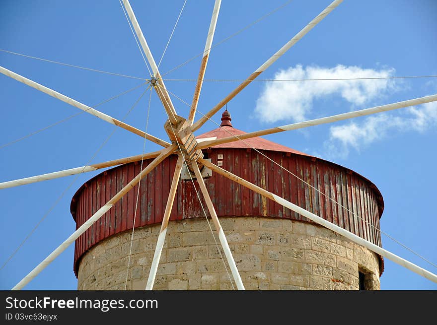 Detail of a greek windmill one of several which stand on the perimeter of rhodes harbour in greece