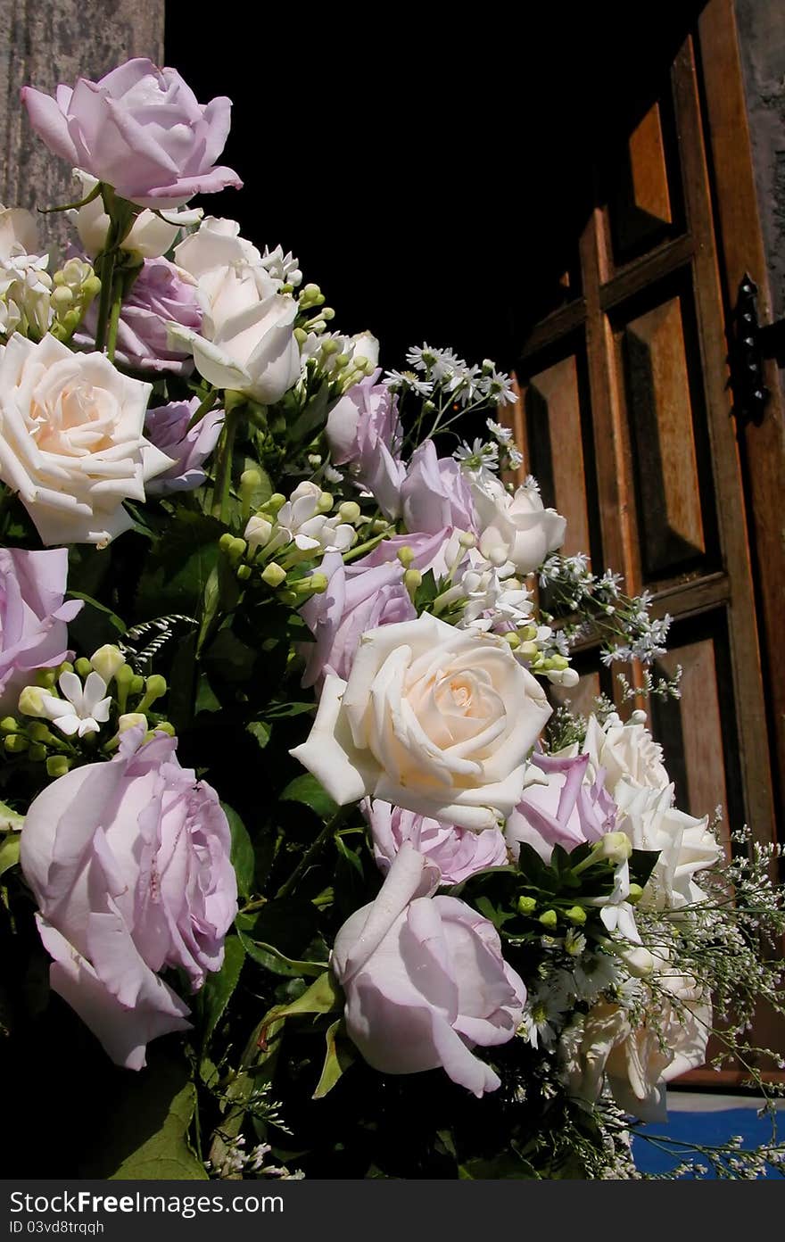 Wedding details, flowers bouquet out the church. Wedding details, flowers bouquet out the church