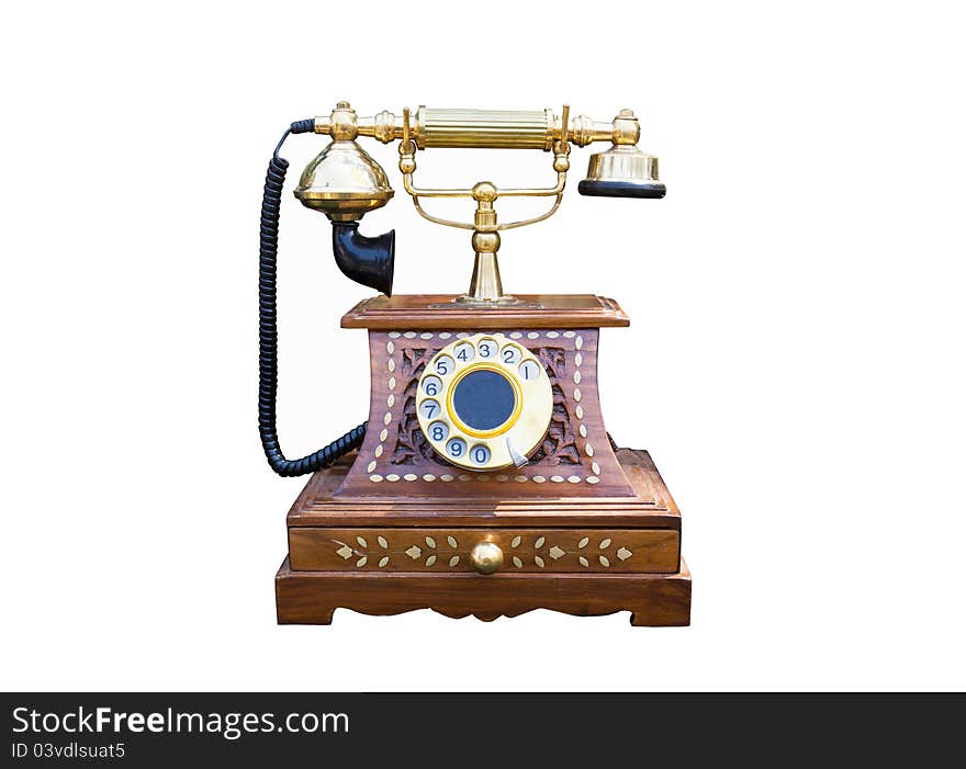 Vintage gold wood box analog telephone. Vintage gold wood box analog telephone