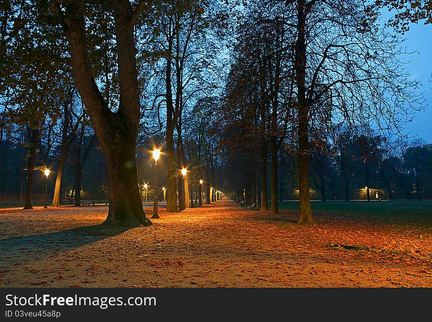 Parma, Italy - Emilia-Romagna region. Ducal Park at night.