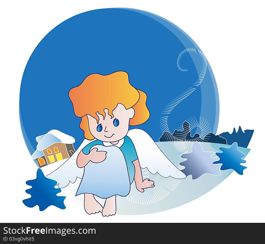 Merry Christmas little angel sitting on a snowbank. Merry Christmas little angel sitting on a snowbank