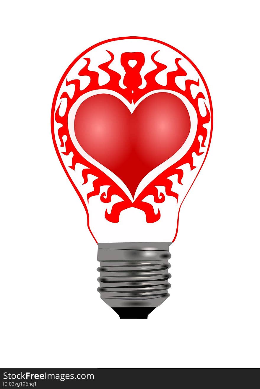 Art-illustration bulb with flame around heart. Art-illustration bulb with flame around heart