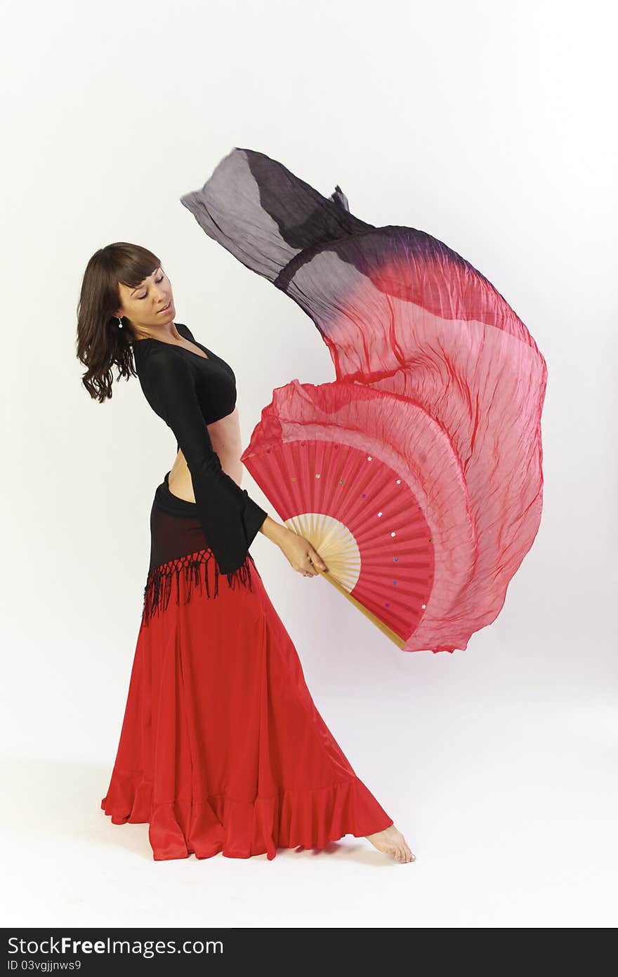 Flamanco dancer in black and red dress with fan. Flamanco dancer in black and red dress with fan