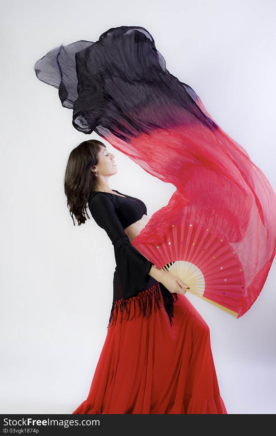 Flamanco dancer in black and red dress with fan. Flamanco dancer in black and red dress with fan