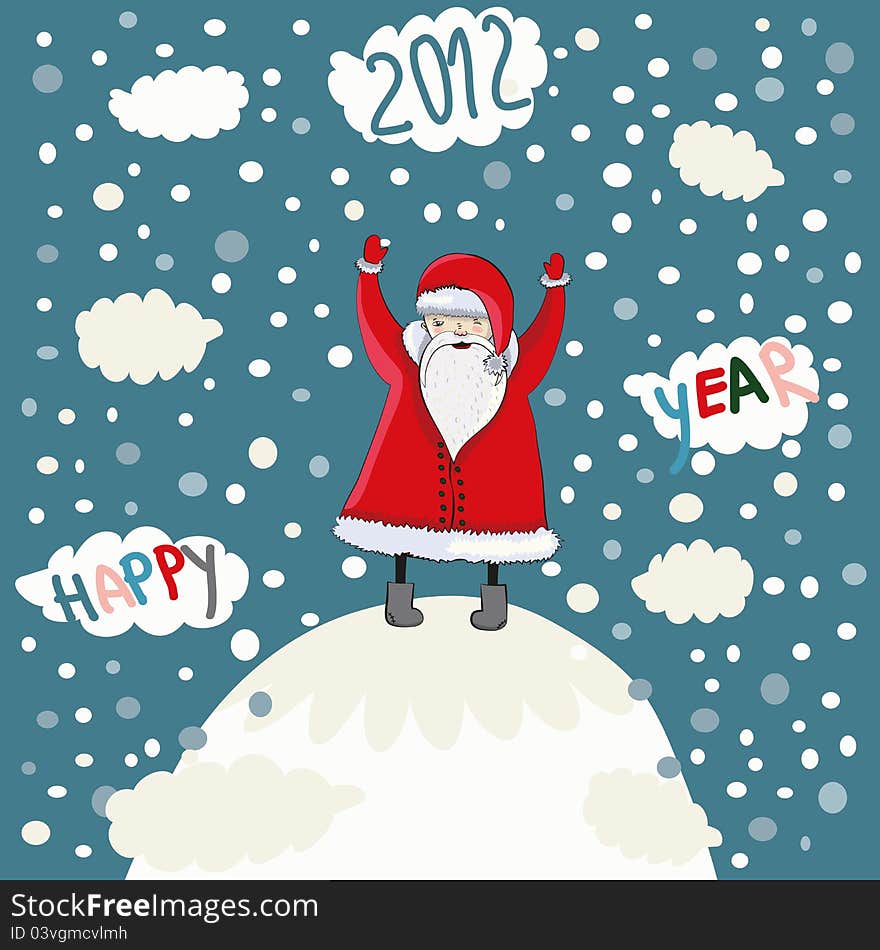 Happy cartoon Santa on a snow mountain with text 2012. Vector illustration. Happy cartoon Santa on a snow mountain with text 2012. Vector illustration