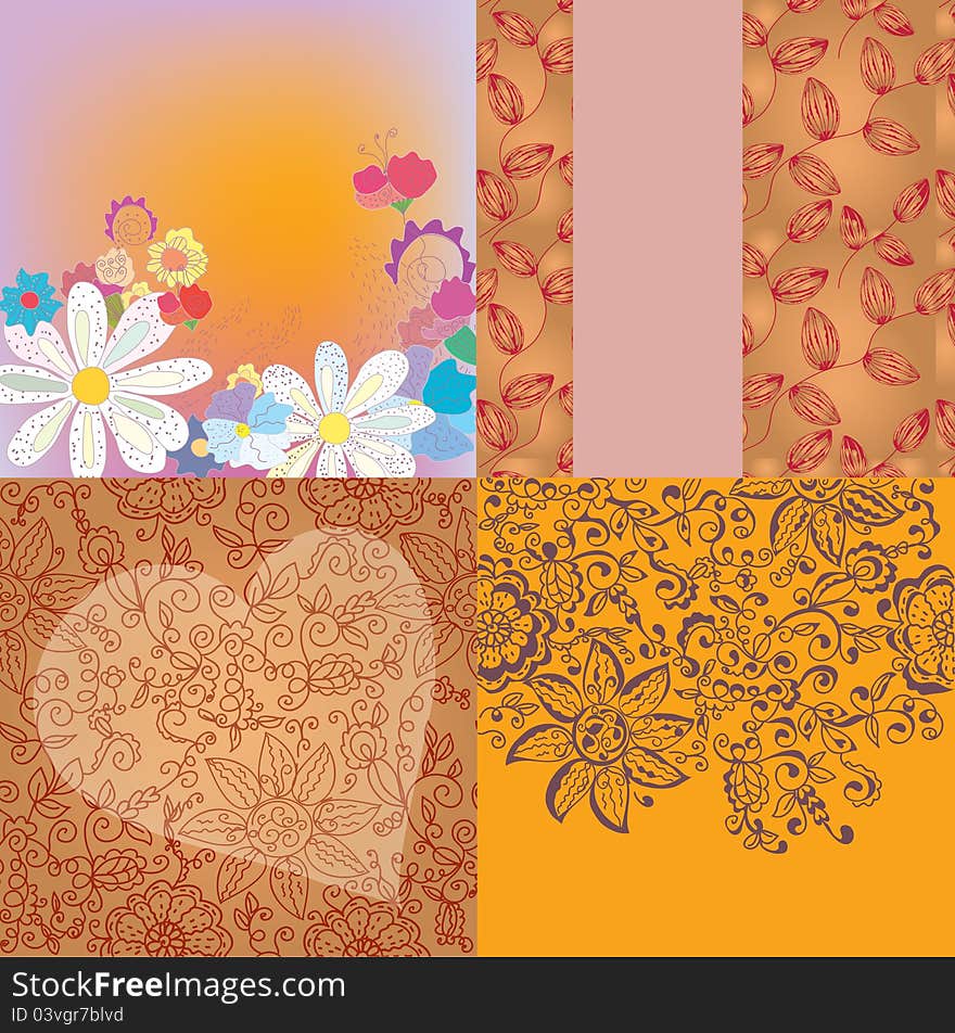 Floral backgrounds romantic set in orange colors