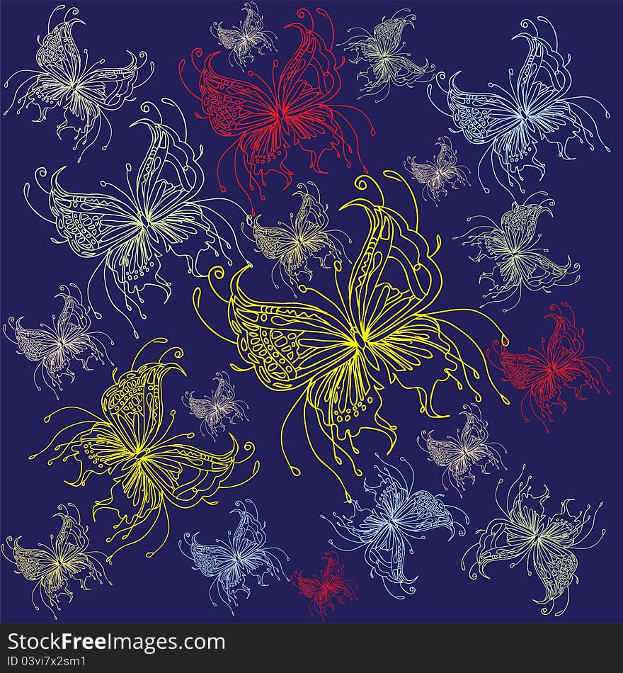 Vector illustration of beautiful coloured butterflies silhouettes at dark blue background. Vector illustration of beautiful coloured butterflies silhouettes at dark blue background